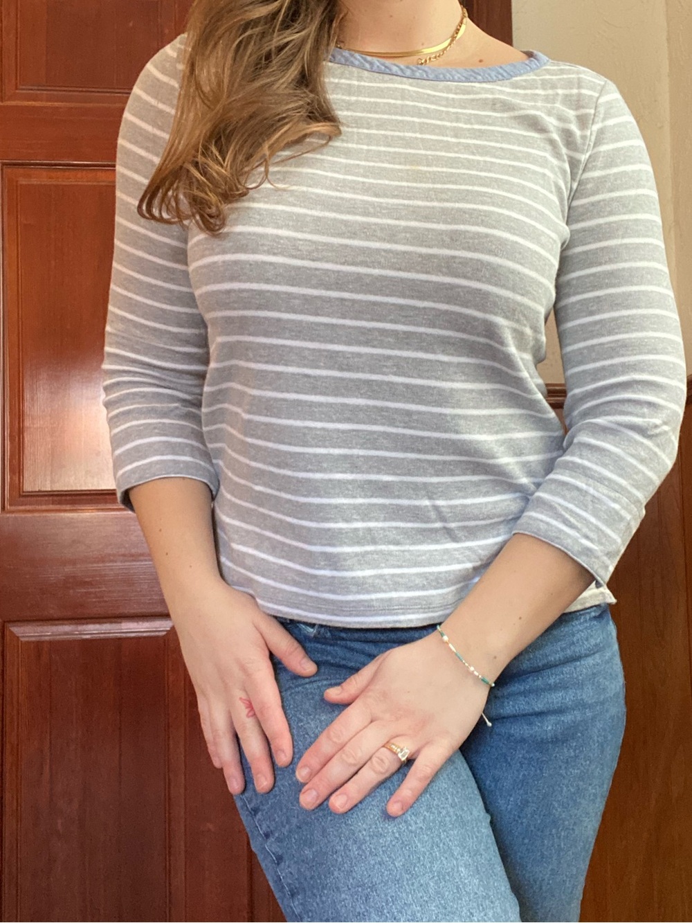 Nautica Light Gray & White Striped Boatneck 3/4 Sleeve Top